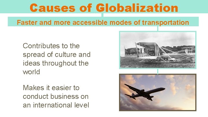 Causes of Globalization Faster and more accessible modes of transportation Contributes to the spread
