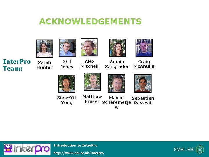 ACKNOWLEDGEMENTS Inter. Pro Team: Sarah Hunter Phil Jones Siew-Yit Yong Alex Mitchell Amaia Sangrador