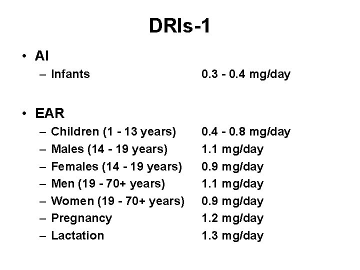 DRIs-1 • AI – Infants 0. 3 - 0. 4 mg/day • EAR –