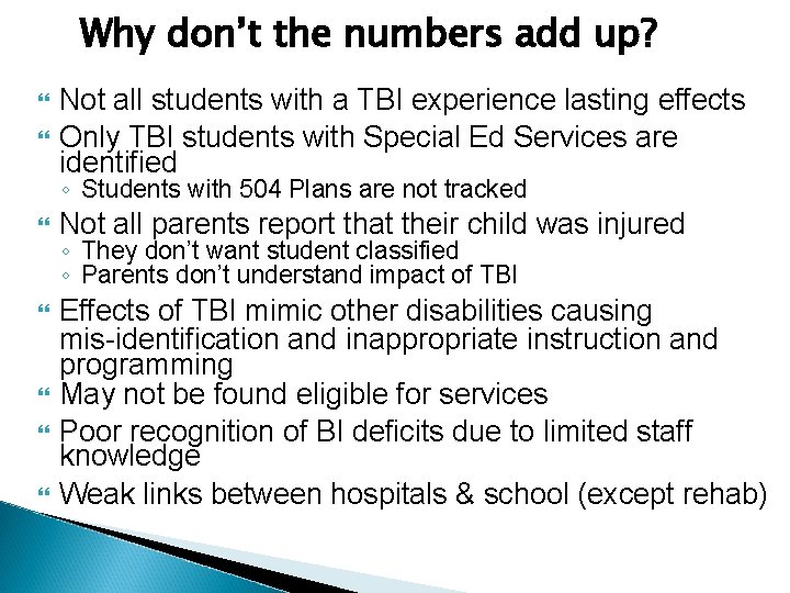 Why don’t the numbers add up? Not all students with a TBI experience lasting