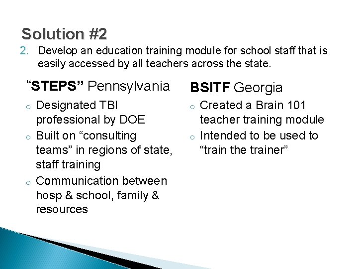 Solution #2 2. Develop an education training module for school staff that is easily