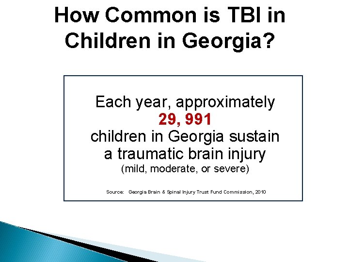 How Common is TBI in Children in Georgia? Each year, approximately 29, 991 children