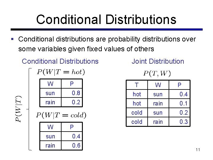 Conditional Distributions Conditional distributions are probability distributions over some variables given fixed values of Conditional Distributions Conditional distributions are probability distributions over some variables given fixed values of