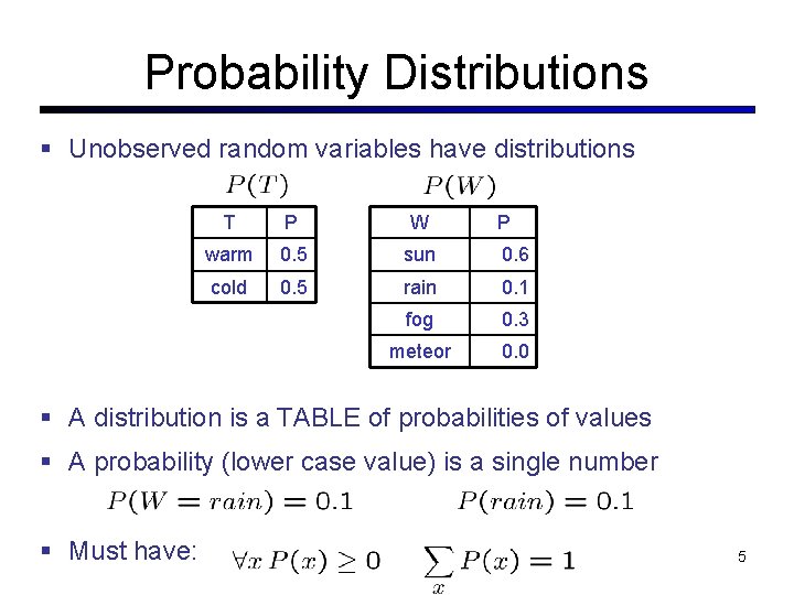 Probability Distributions Unobserved random variables have distributions T P W P warm 0. 5 Probability Distributions Unobserved random variables have distributions T P W P warm 0. 5