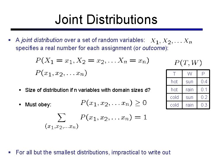 Joint Distributions A joint distribution over a set of random variables: specifies a real Joint Distributions A joint distribution over a set of random variables: specifies a real