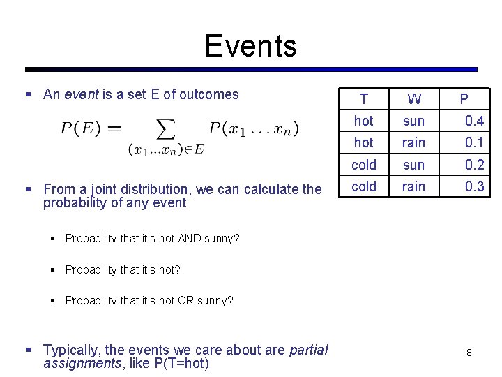 Events An event is a set E of outcomes From a joint distribution, we Events An event is a set E of outcomes From a joint distribution, we