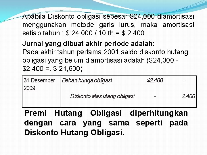 Apabila Diskonto obligasi sebesar $24, 000 diamortisasi menggunakan metode garis lurus, maka amortisasi setiap