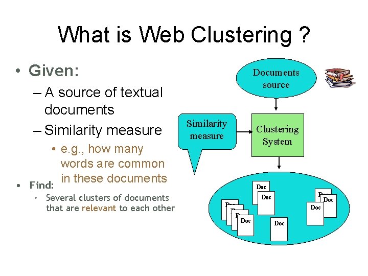 What is Web Clustering ? • Given: – A source of textual documents –