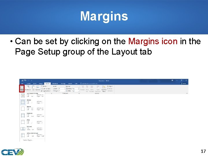Margins • Can be set by clicking on the Margins icon in the Page