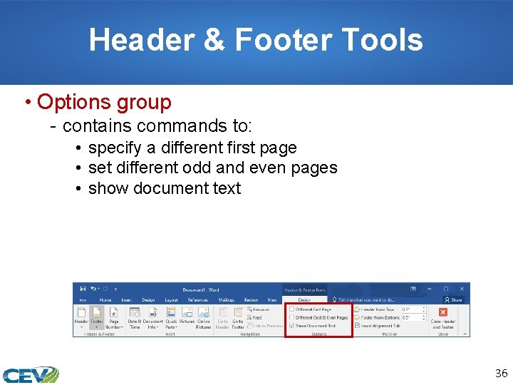 Header & Footer Tools • Options group - contains commands to: • specify a