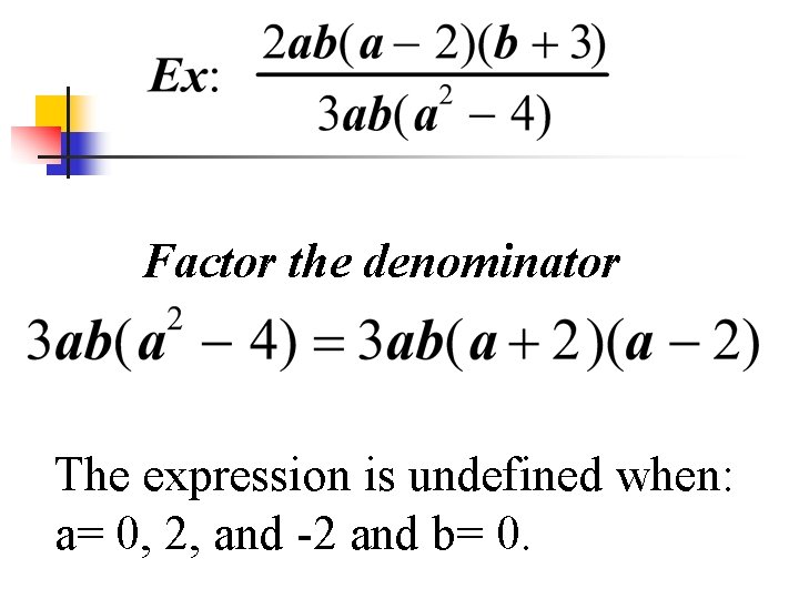 Factor the denominator The expression is undefined when: a= 0, 2, and -2 and