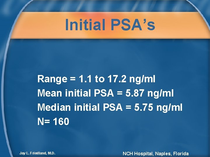 Initial PSA’s Range = 1. 1 to 17. 2 ng/ml Mean initial PSA =