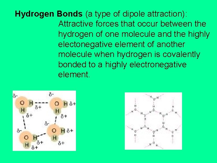 Hydrogen Bonds (a type of dipole attraction): Attractive forces that occur between the hydrogen