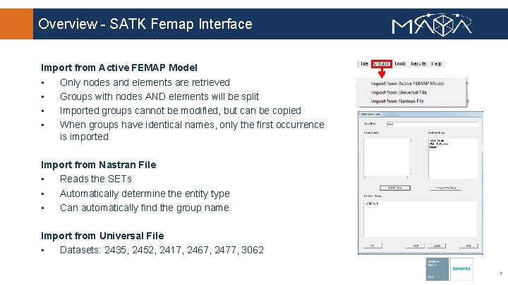 Overview - SATK Femap Interface Import from Active FEMAP Model • Only nodes and
