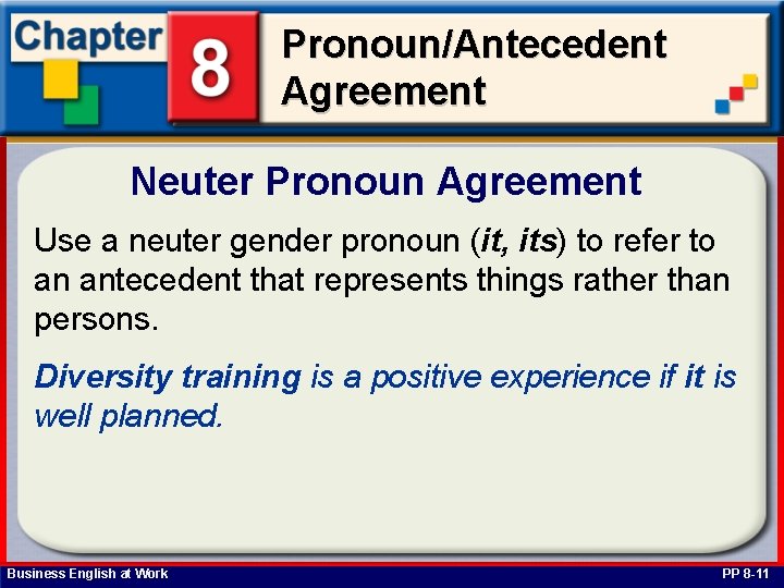 Pronoun/Antecedent Agreement Neuter Pronoun Agreement Use a neuter gender pronoun (it, its) to refer