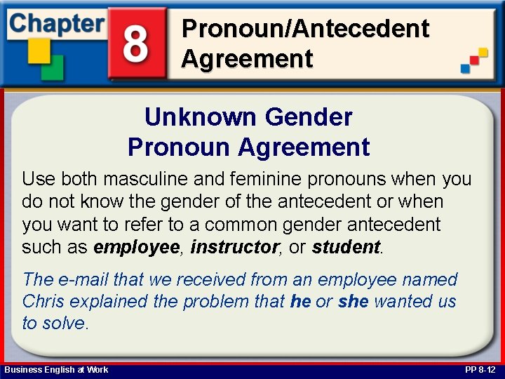 Pronoun/Antecedent Agreement Unknown Gender Pronoun Agreement Use both masculine and feminine pronouns when you