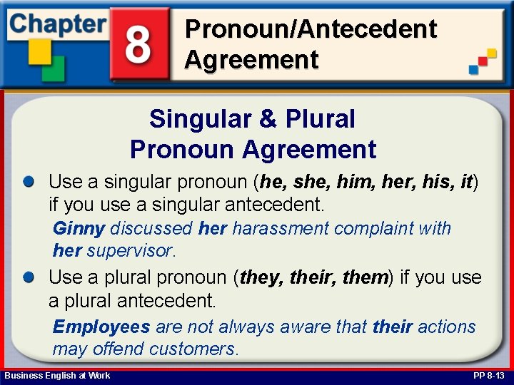 Pronoun/Antecedent Agreement Singular & Plural Pronoun Agreement Use a singular pronoun (he, she, him,