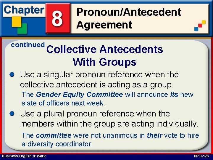 Pronoun/Antecedent Agreement continued Collective Antecedents With Groups Use a singular pronoun reference when the