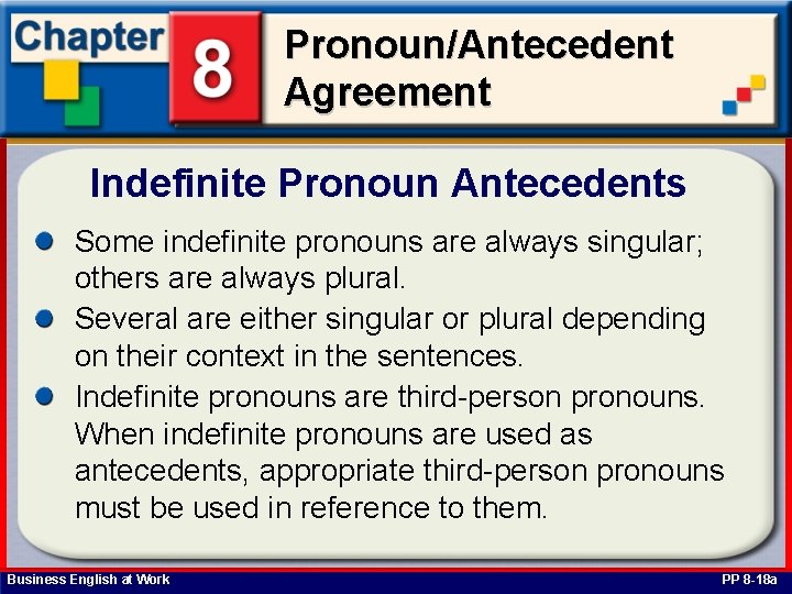 Pronoun/Antecedent Agreement Indefinite Pronoun Antecedents Some indefinite pronouns are always singular; others are always