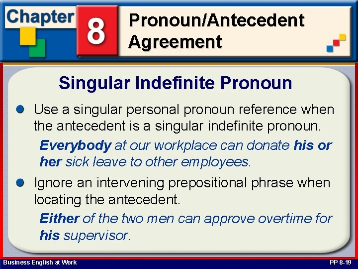 Pronoun/Antecedent Agreement Singular Indefinite Pronoun Use a singular personal pronoun reference when the antecedent