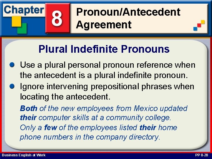 Pronoun/Antecedent Agreement Plural Indefinite Pronouns Use a plural personal pronoun reference when the antecedent
