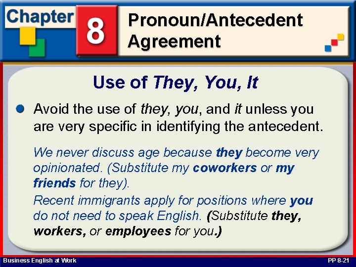 Pronoun/Antecedent Agreement Use of They, You, It Avoid the use of they, you, and