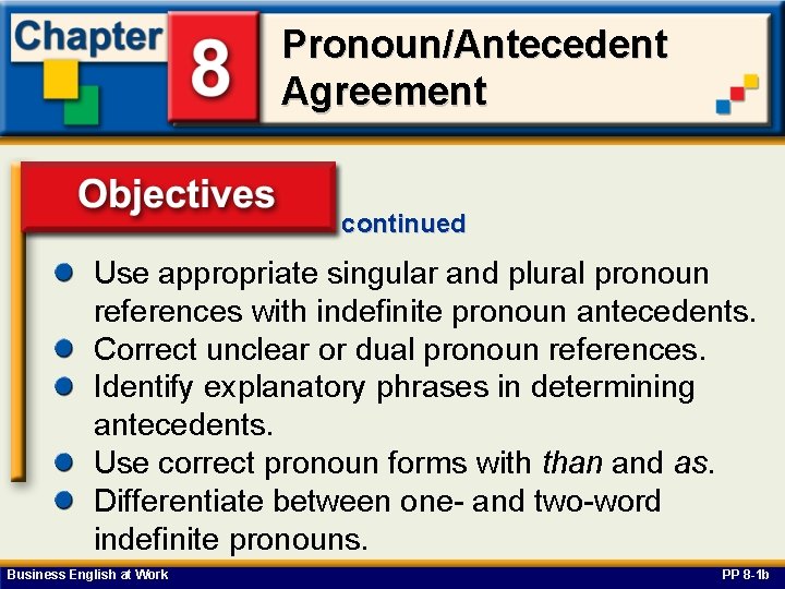 Pronoun/Antecedent Agreement continued Use appropriate singular and plural pronoun Objectives references with indefinite pronoun