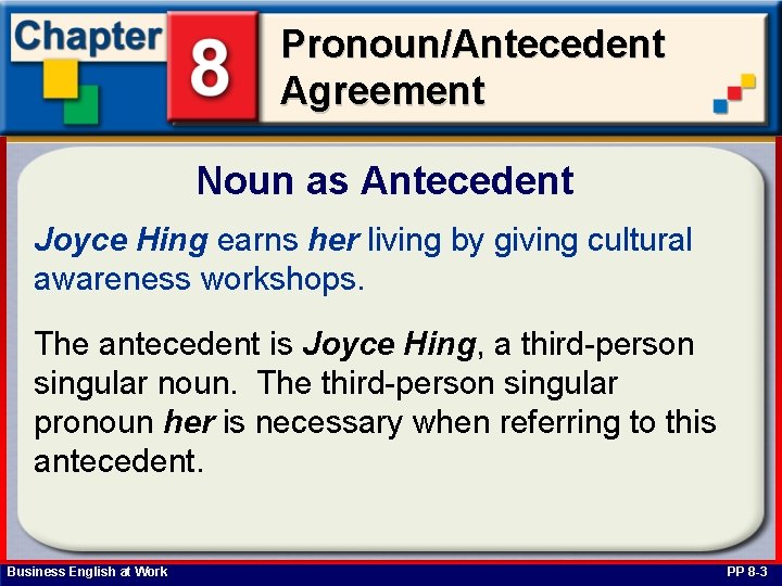 Pronoun/Antecedent Agreement Noun as Antecedent Joyce Hing earns her living by giving cultural awareness