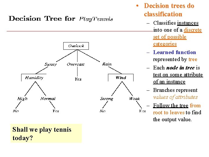  • Decision trees do classification – Classifies instances into one of a discrete
