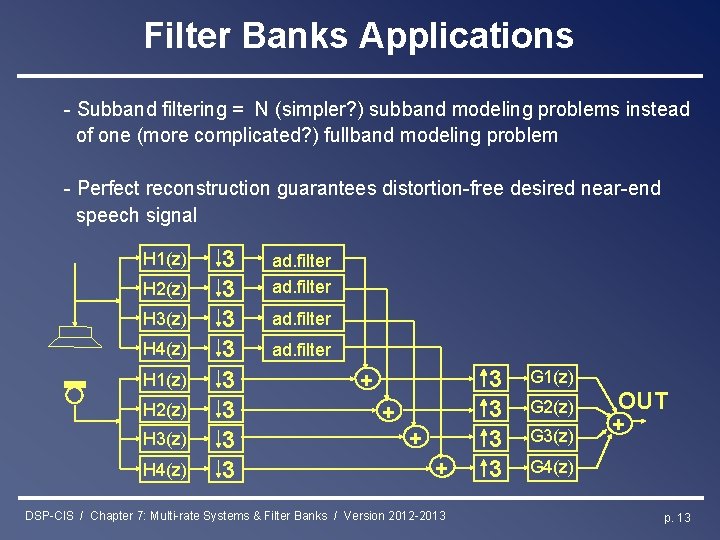 Filter Banks Applications - Subband filtering = N (simpler? ) subband modeling problems instead