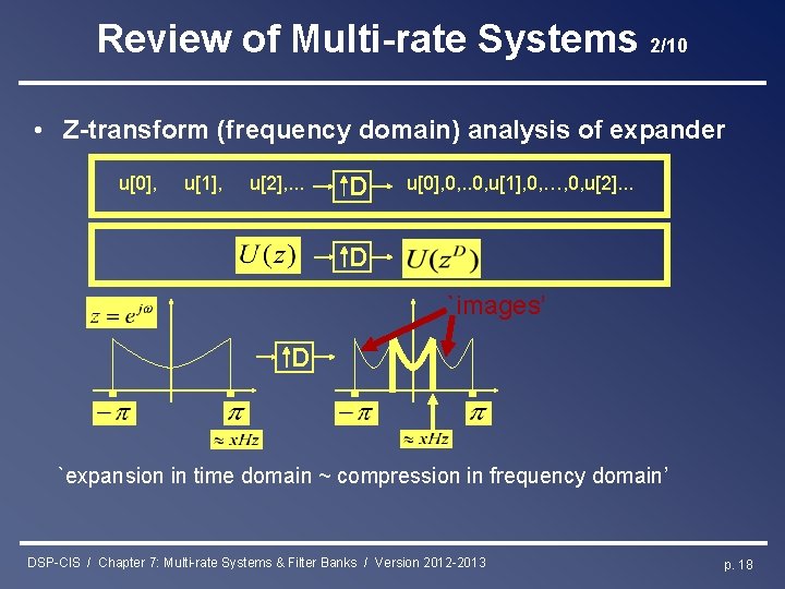 Review of Multi-rate Systems 2/10 • Z-transform (frequency domain) analysis of expander u[0], u[1],