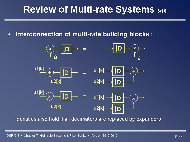 Review of Multi-rate Systems 5/10 • Interconnection of multi-rate building blocks : D x