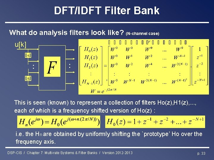 DFT/IDFT Filter Bank What do analysis filters look like? (N-channel case) u[k] : :