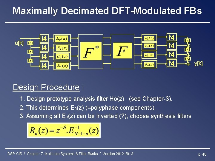 Maximally Decimated DFT-Modulated FBs u[k] 4 4 4 4 + + + y[k] Design