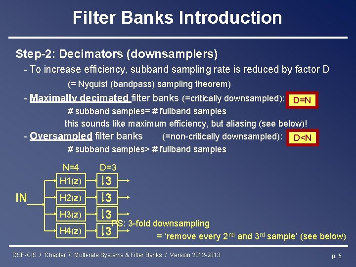 Filter Banks Introduction Step-2: Decimators (downsamplers) - To increase efficiency, subband sampling rate is