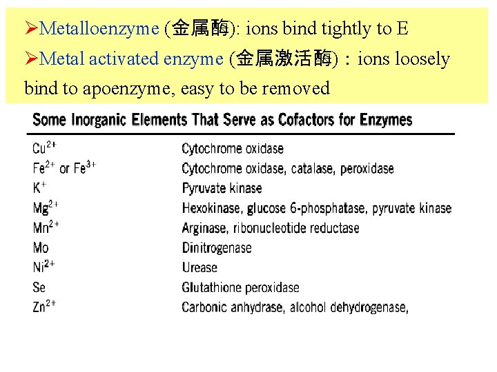 ØMetalloenzyme (金属酶): ions bind tightly to E ØMetal activated enzyme (金属激活酶)：ions loosely bind to