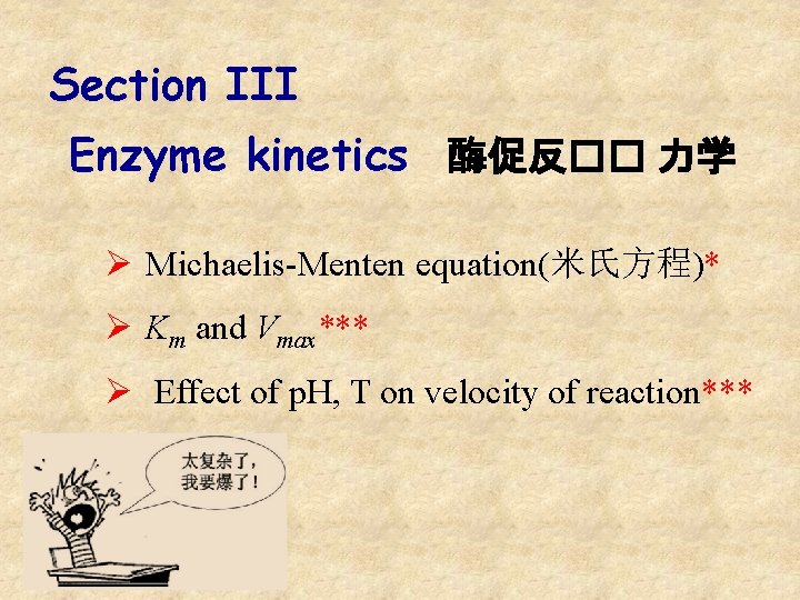 Section III Enzyme kinetics 酶促反�� 力学 Ø Michaelis-Menten equation(米氏方程)* Ø Km and Vmax*** Ø