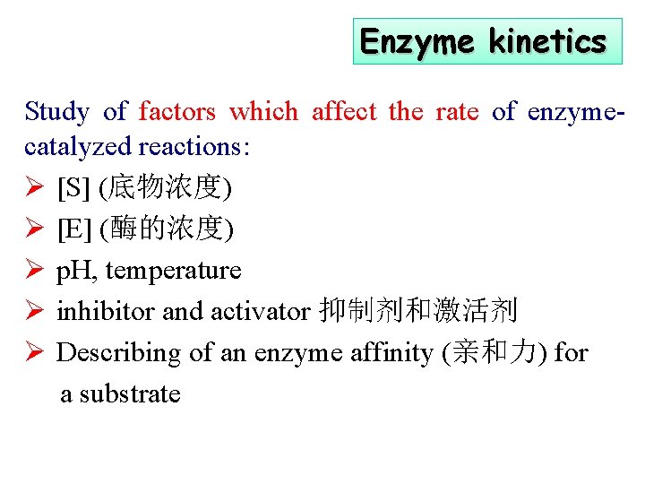 Enzyme kinetics Study of factors which affect the rate of enzymecatalyzed reactions: Ø [S]