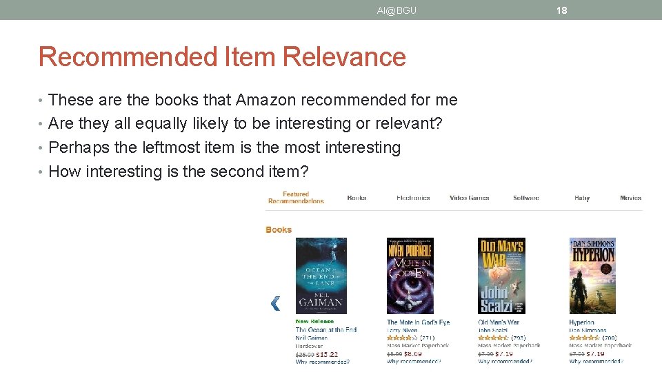 AI@BGU Recommended Item Relevance • These are the books that Amazon recommended for me