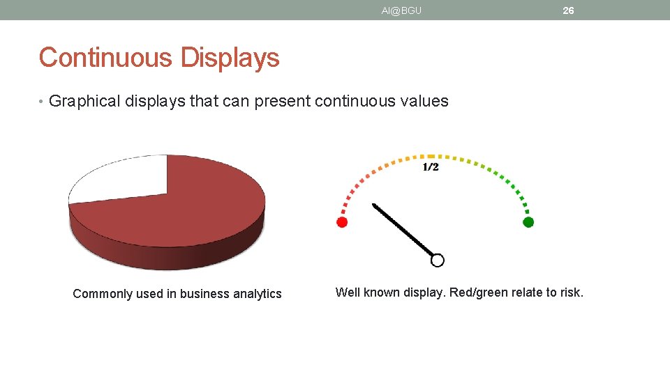 AI@BGU 26 Continuous Displays • Graphical displays that can present continuous values Commonly used