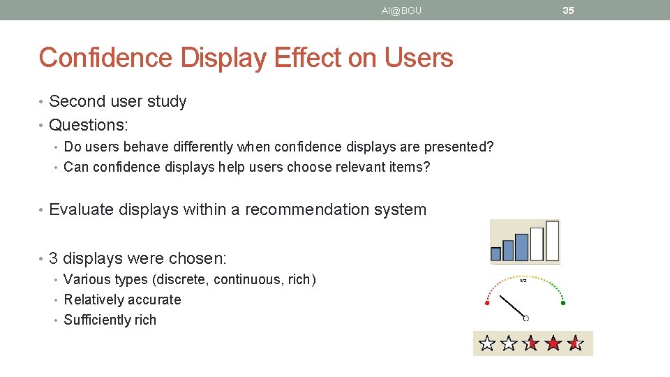 AI@BGU Confidence Display Effect on Users • Second user study • Questions: • Do
