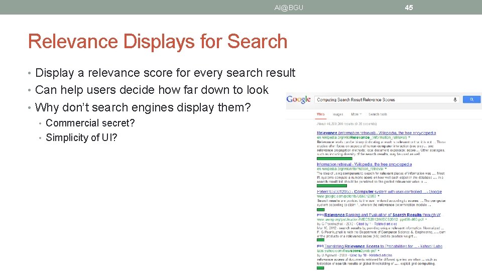 AI@BGU Relevance Displays for Search • Display a relevance score for every search result