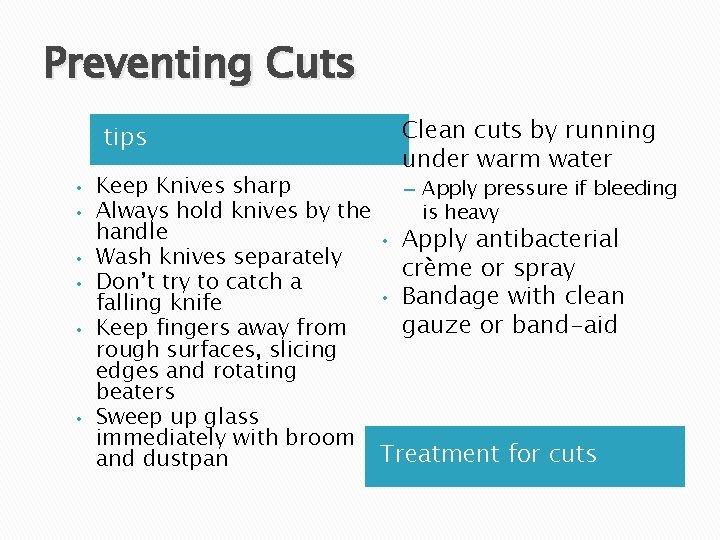 Preventing Cuts tips • • Clean cuts by running under warm water Keep Knives