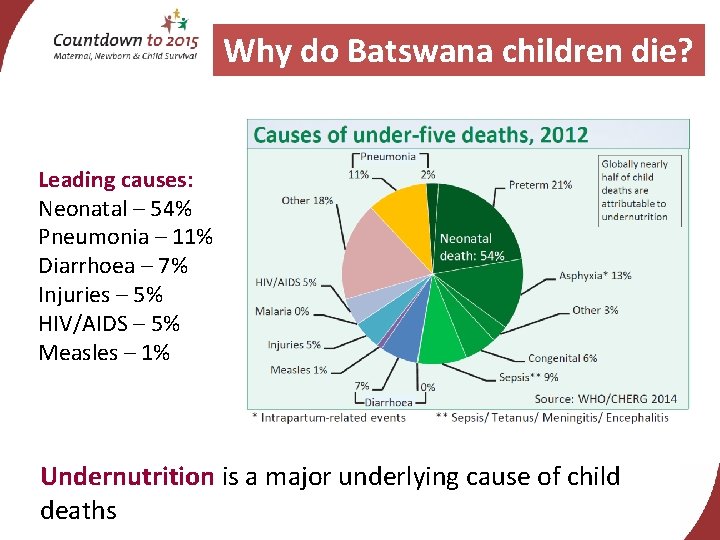 Why do Batswana children die? Leading causes: Neonatal – 54% Pneumonia – 11% Diarrhoea