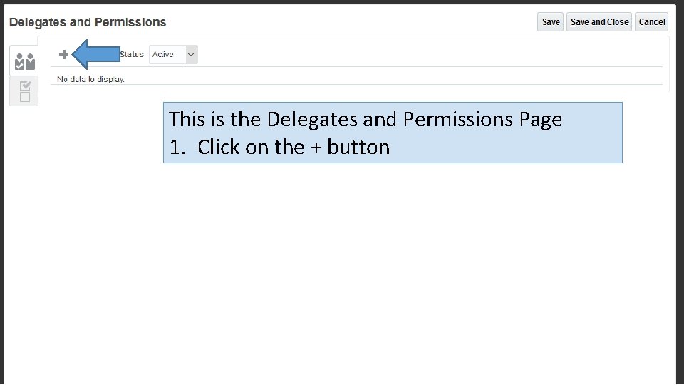 This is the Delegates and Permissions Page 1. Click on the + button 