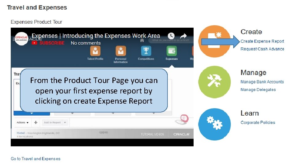 From the Product Tour Page you can open your first expense report by clicking