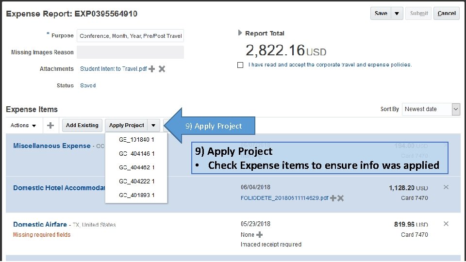 9) Apply Project • Check Expense items to ensure info was applied 