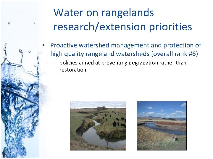 Water on rangelands research/extension priorities • Proactive watershed management and protection of high quality