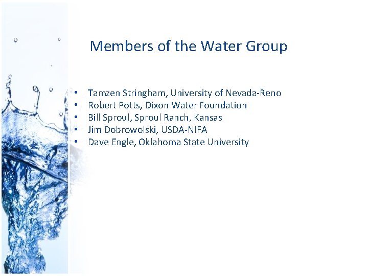 Members of the Water Group • • • Tamzen Stringham, University of Nevada-Reno Robert