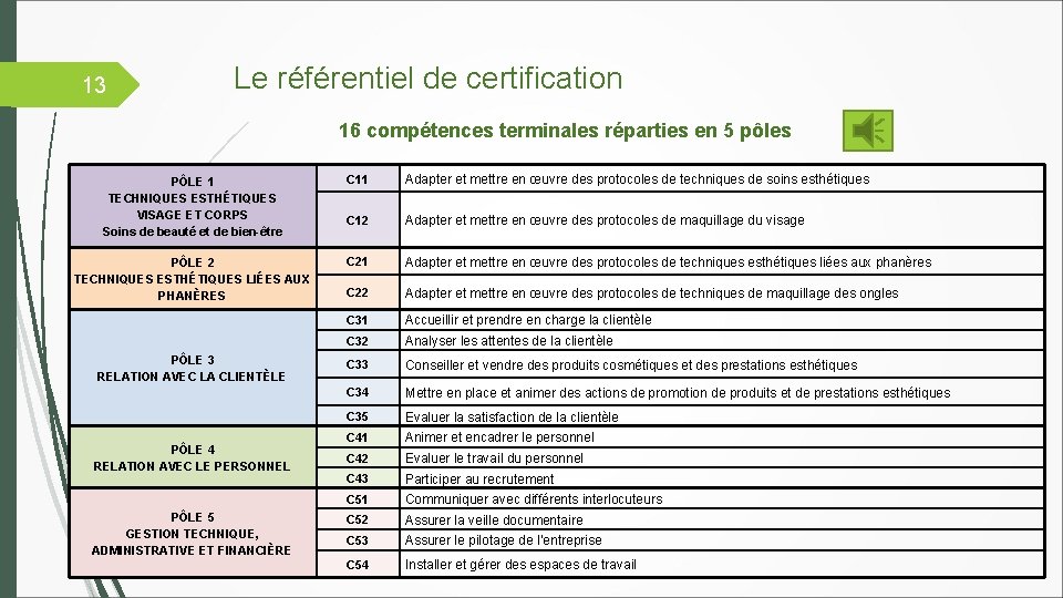 13 Le référentiel de certification 16 compétences terminales réparties en 5 pôles PÔLE 1